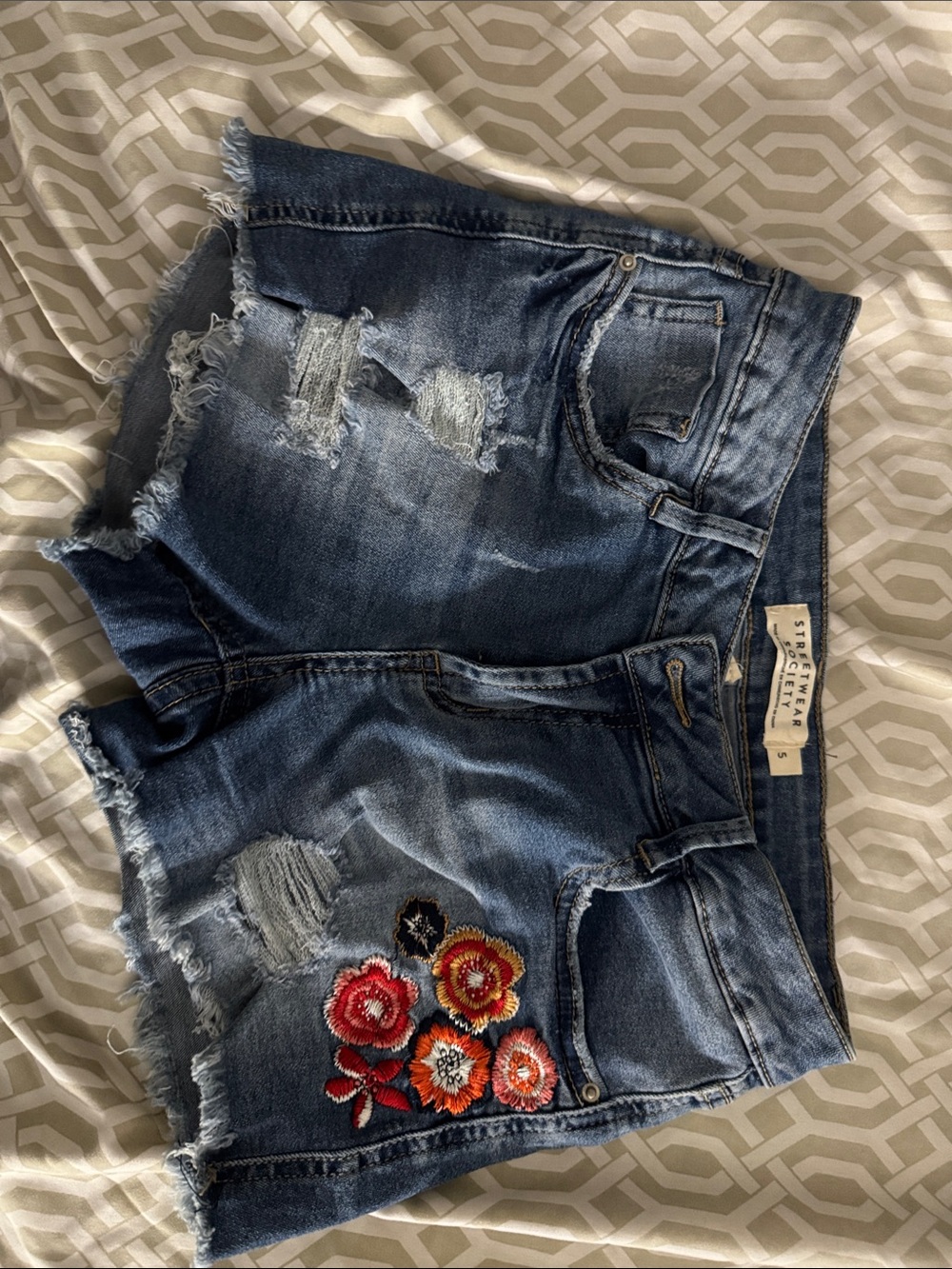 Streetwear Society Blue Distressed Denim Shorts with Floral Patch